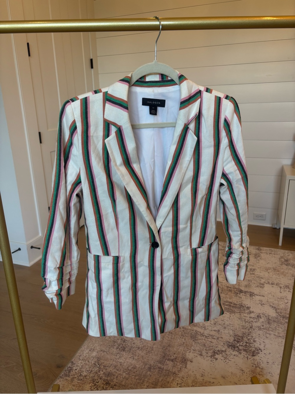 Halogen Striped Notch-Lapel Blazer in Cream with Green & Pink Stripes